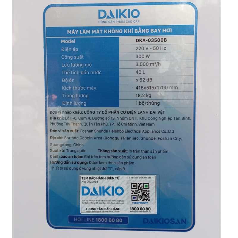 Quạt điều hòa Daikio DK-3500B thông số kĩ thuật