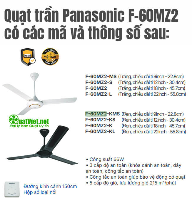 Các mã quạt trần Panasonic F-60MZ2 và thông số chung của sản phẩm