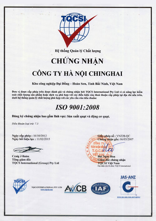 giấy chứng nhận quạt Ching Hai
