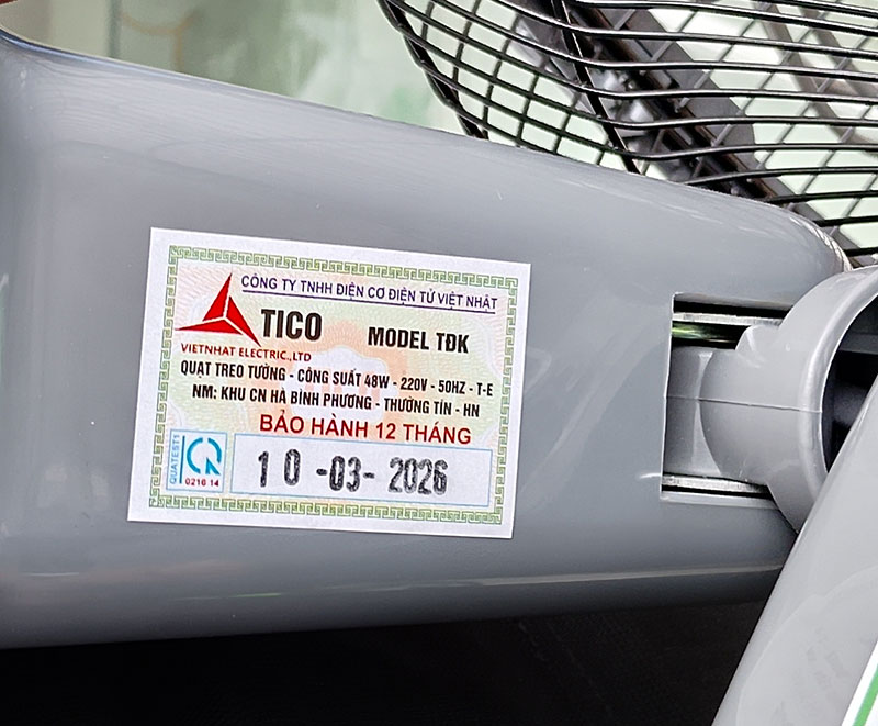 Tem thông tin của quạt treo tường Tico TĐK400