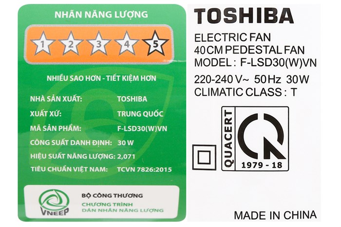 Hiệu năng 5 sao của quạt cây đứng Toshiba F - LSD30(W)VN