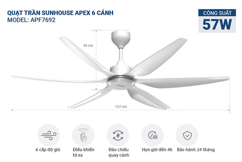 Quạt trần Sunhouse Apex 6 cánh APF7692 với nhiều tính năng vượt trội