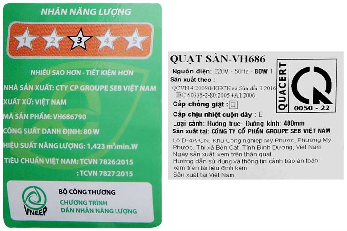 Quạt sàn Tefal VH686790 đạt nhãn năng lượng cao 3 sao( là nhãn cao đối với dòng 80W )