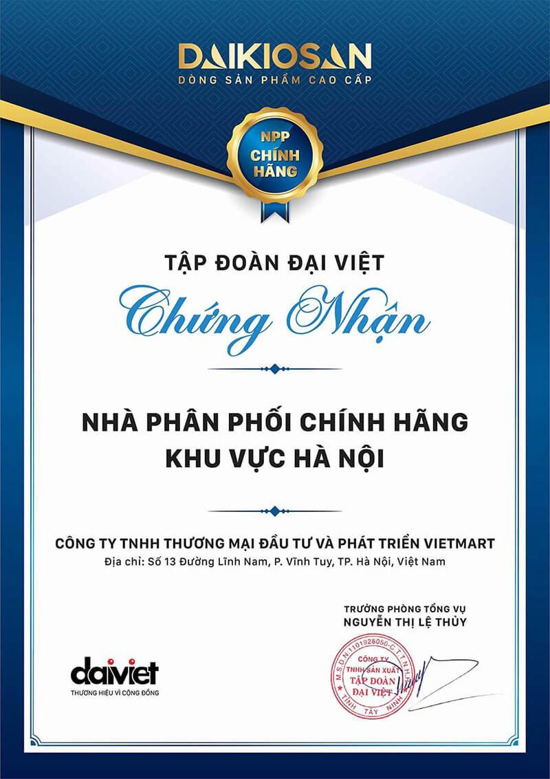Giấy chứng nhận đại lý chính hãng Daikiosan