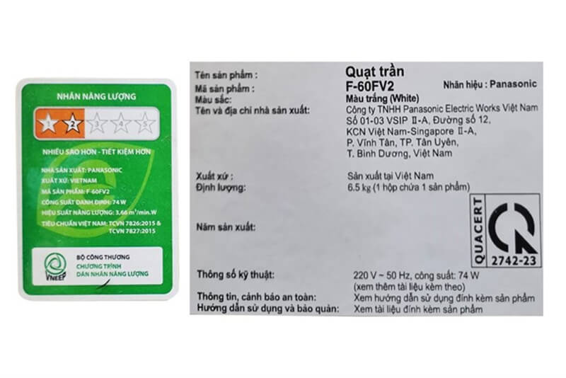 Thông số kỹ thuật quạt trần Panasonic F-60FV2