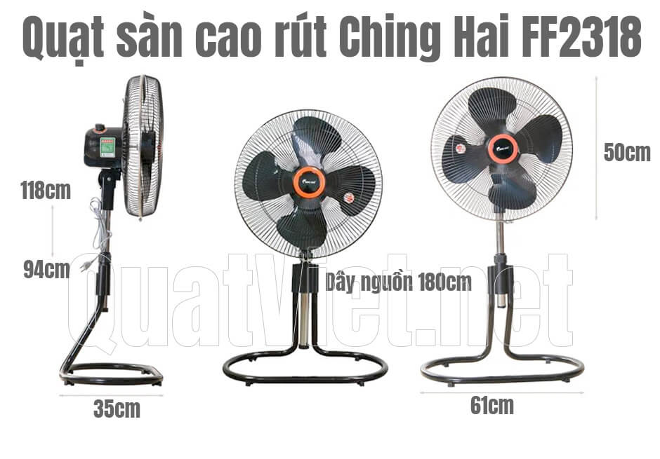 Kích thước của quạt sàn rút cao ChingHai FF2318