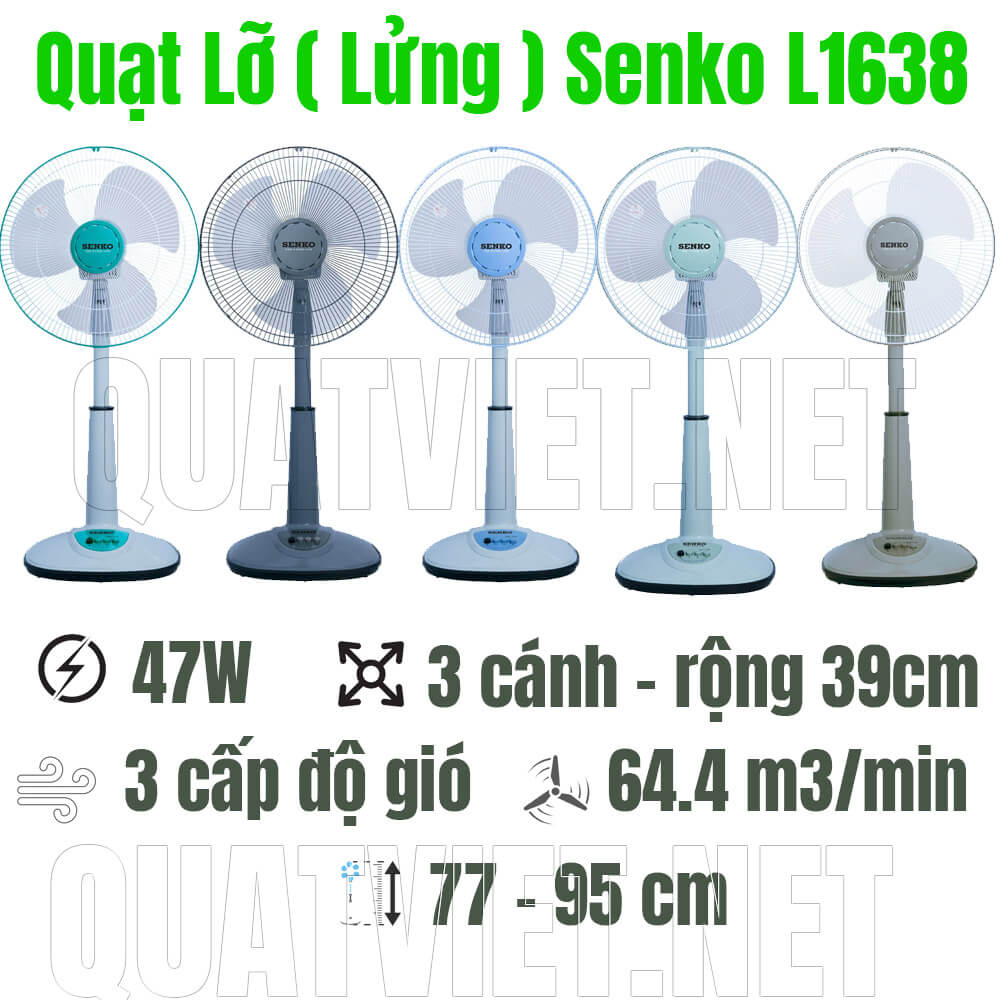 Senko L1638 – Quạt lửng 3 cánh rộng, gió dịu nhẹ, vận hành siêu êm