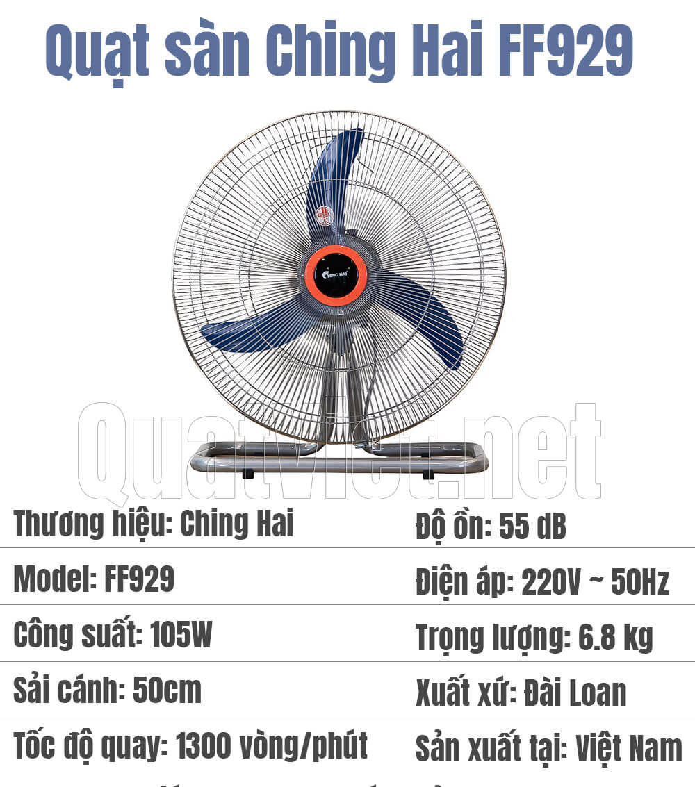 Thông số kỹ thuật của quạt sàn bán công nghiệp ChingHai FF929 105W cánh 50cm