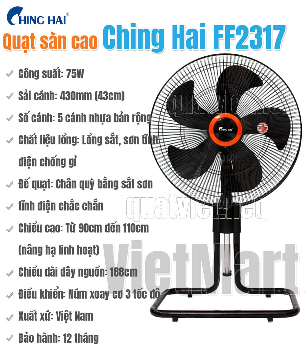 Thông số kỹ thuật của quạt sàn rút cao ChingHai FF2317