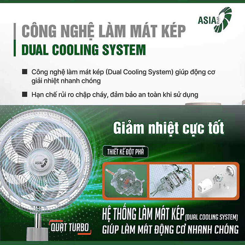 Công nghệ làm mát kép của quạt sàn rút Asia Turbo Max VY646990 mang lại luồng gió mạnh mẽ
