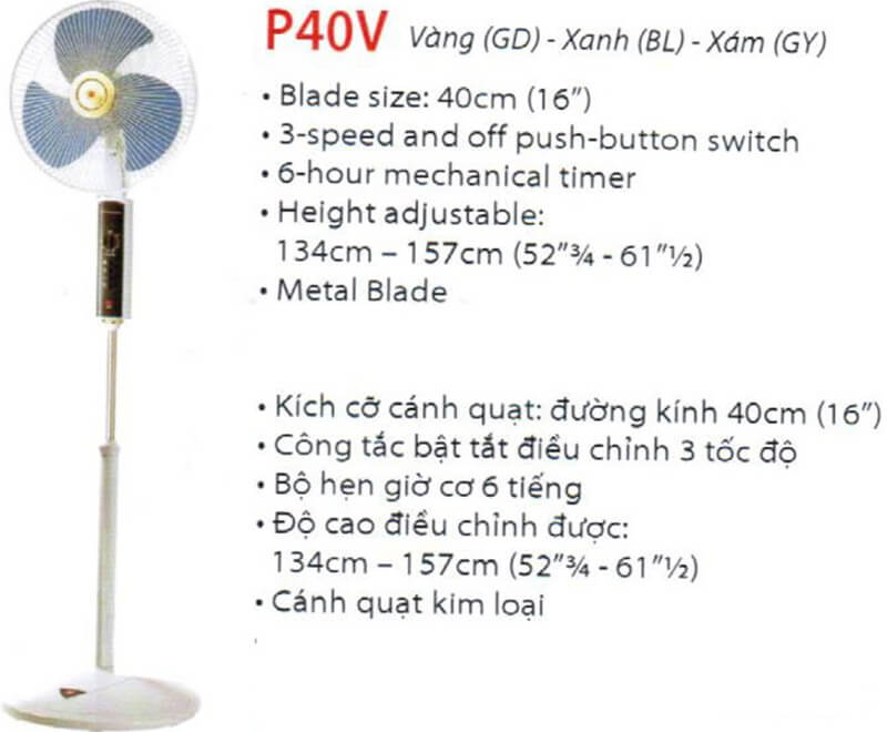 Thông số kỹ thuật của quạt KDK P40V Nhật Bản