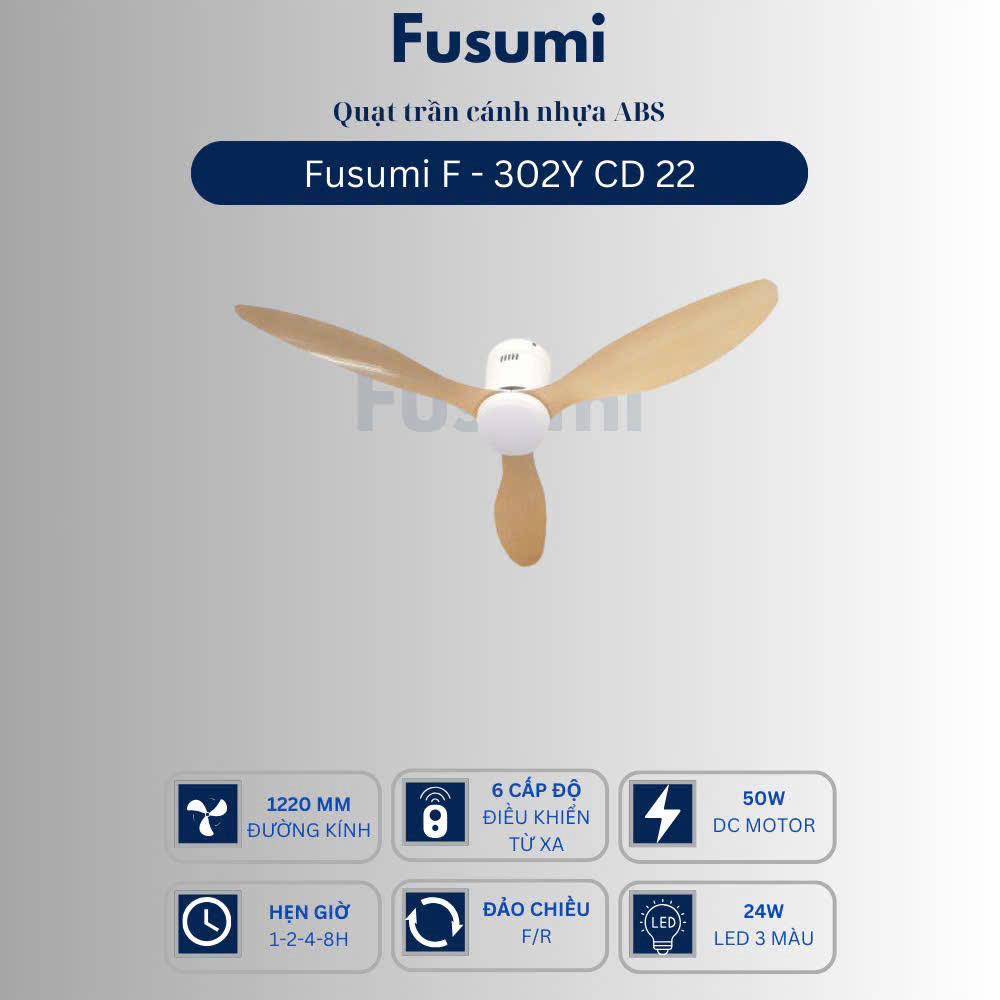 Quạt trần đèn Fusumi F – 302Y CD 22 50W 3 cánh 1220mm