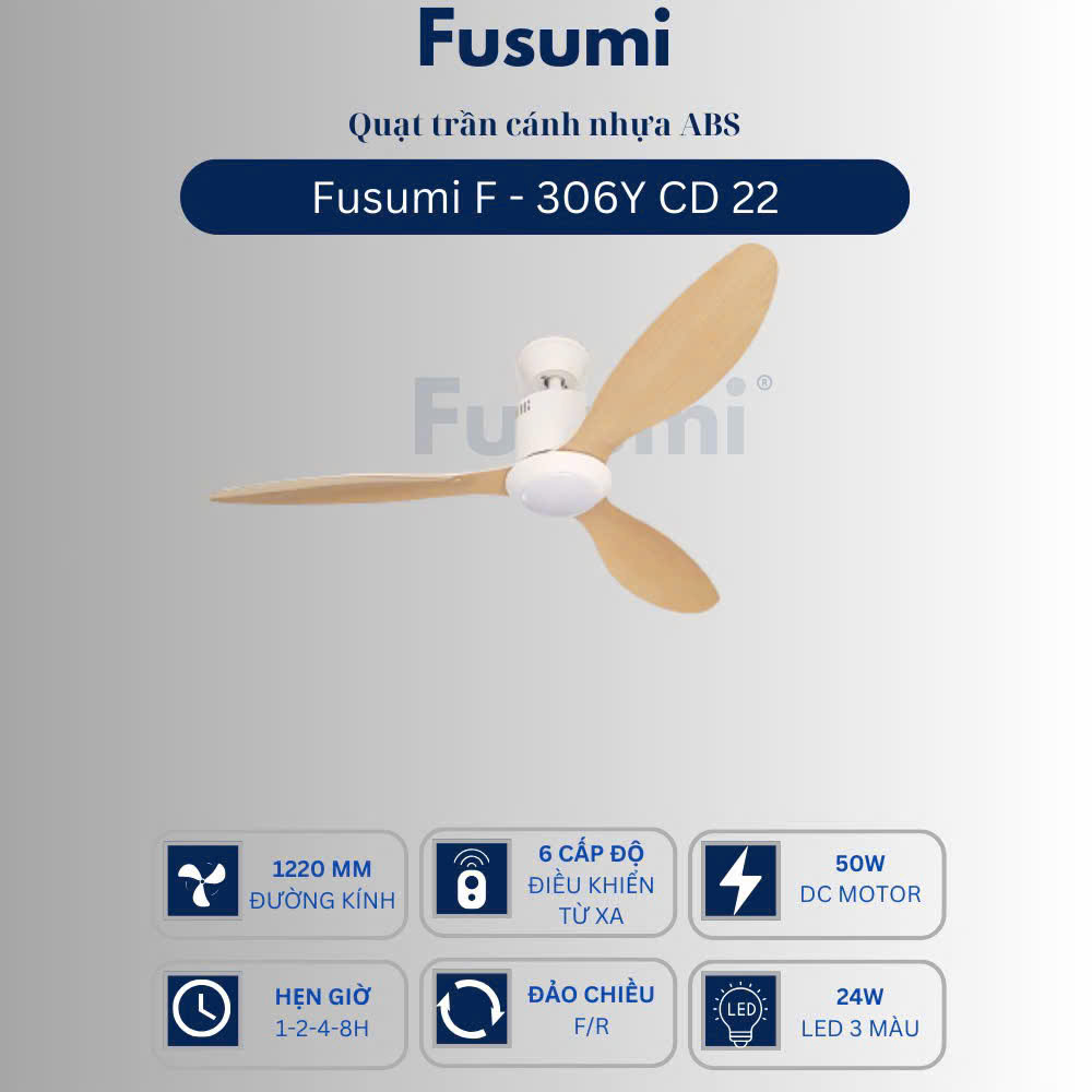 Quạt trần đèn Fusumi F – 306Y CD 22 50W 3 cánh 1220mm