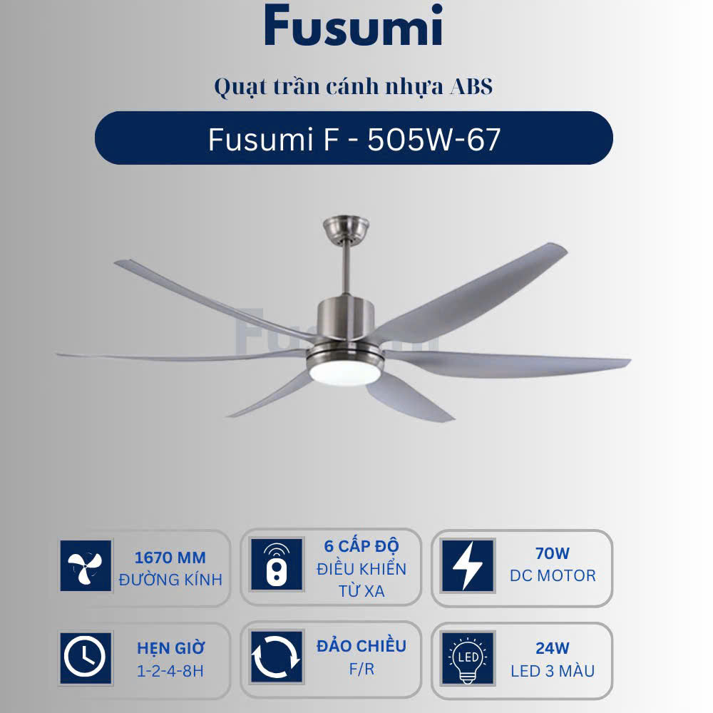 Quạt trần đèn Fusumi F – 505W-67 70W màu bạc cánh 1670mm