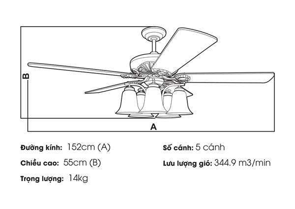 Thông số quạt trần đèn Kaiyokukan Nhật Bản AKI-522-ORB 