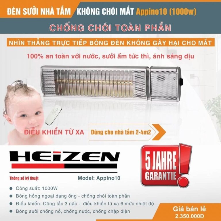 Đèn sưởi nhà tắm không chói mắt Heizen Appino10 có điều khiển từ xa