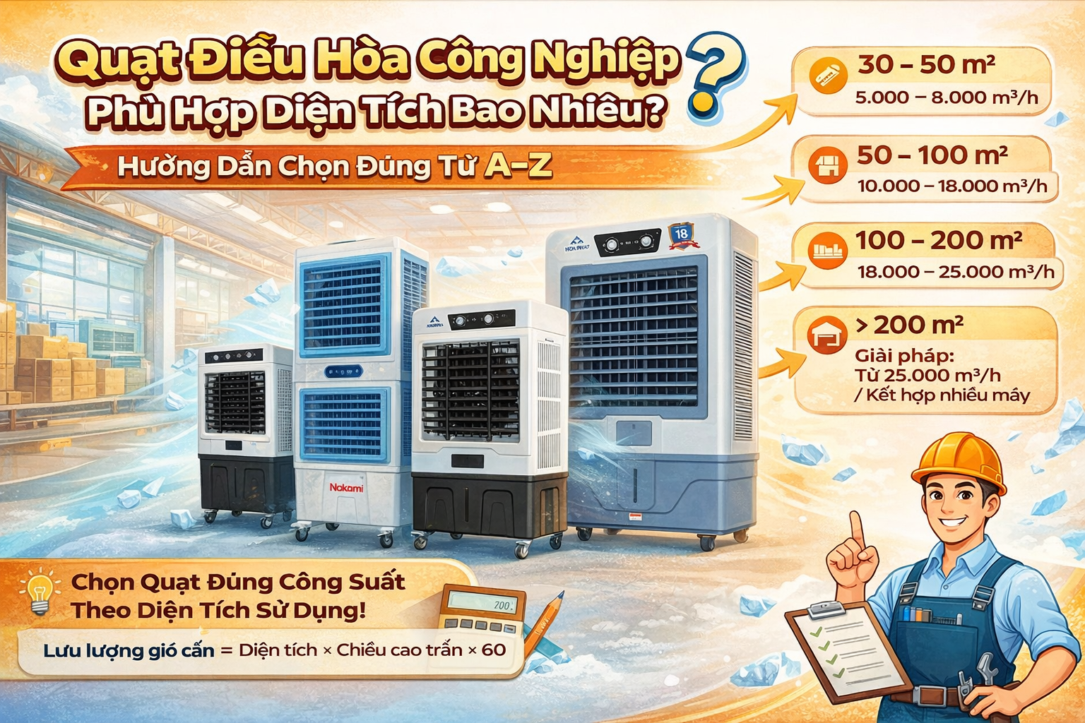 Quạt Điều Hòa Công Nghiệp Dùng Cho Diện Tích Bao Nhiêu m²? Cách Chọn quạt hơi nước công nghiệp Chuẩn Nhất