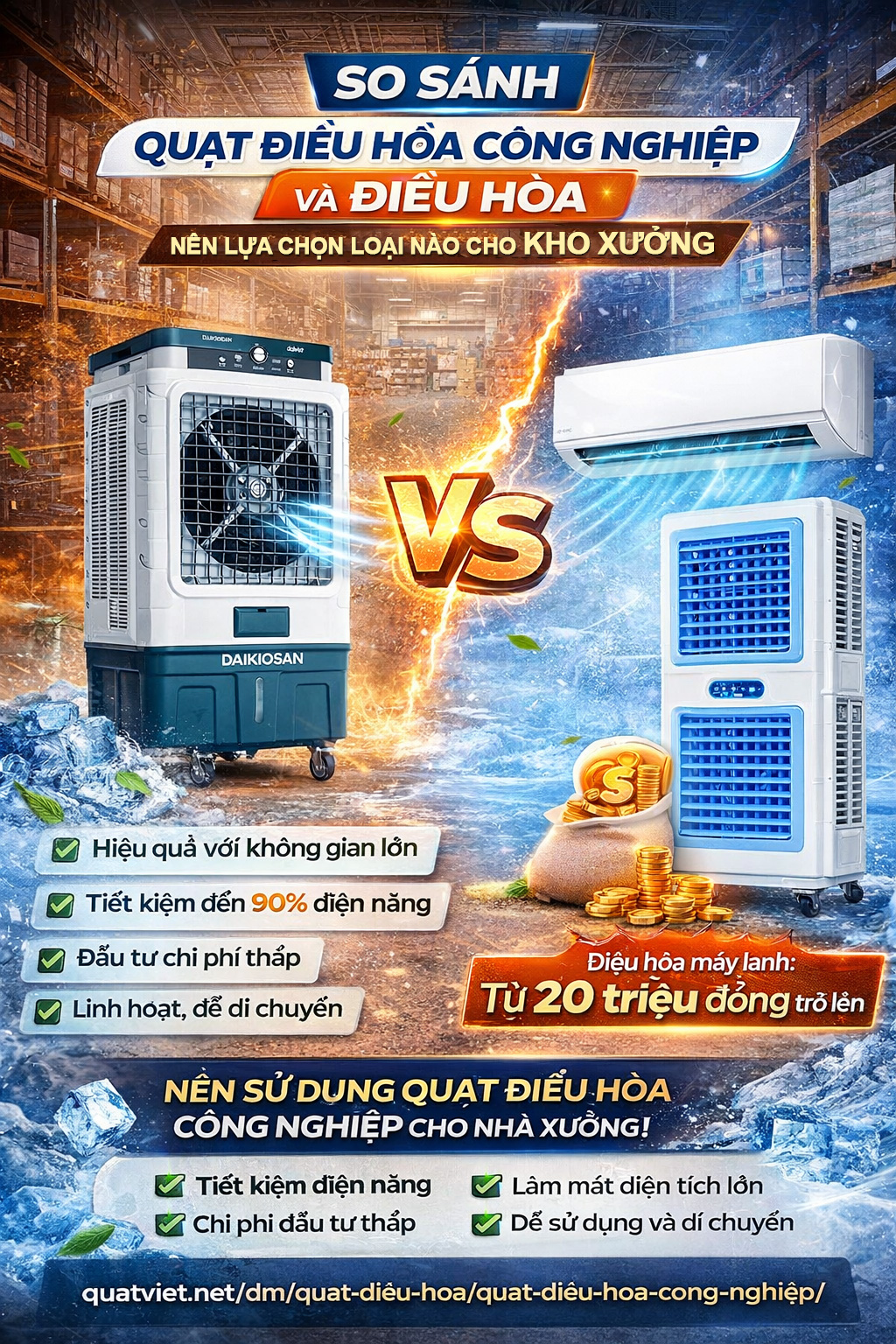 Quạt hơi nước công nghiệp cho nhà hàng, sảnh hành lang chờ bệnh viện, khách sạn, kho xưởng