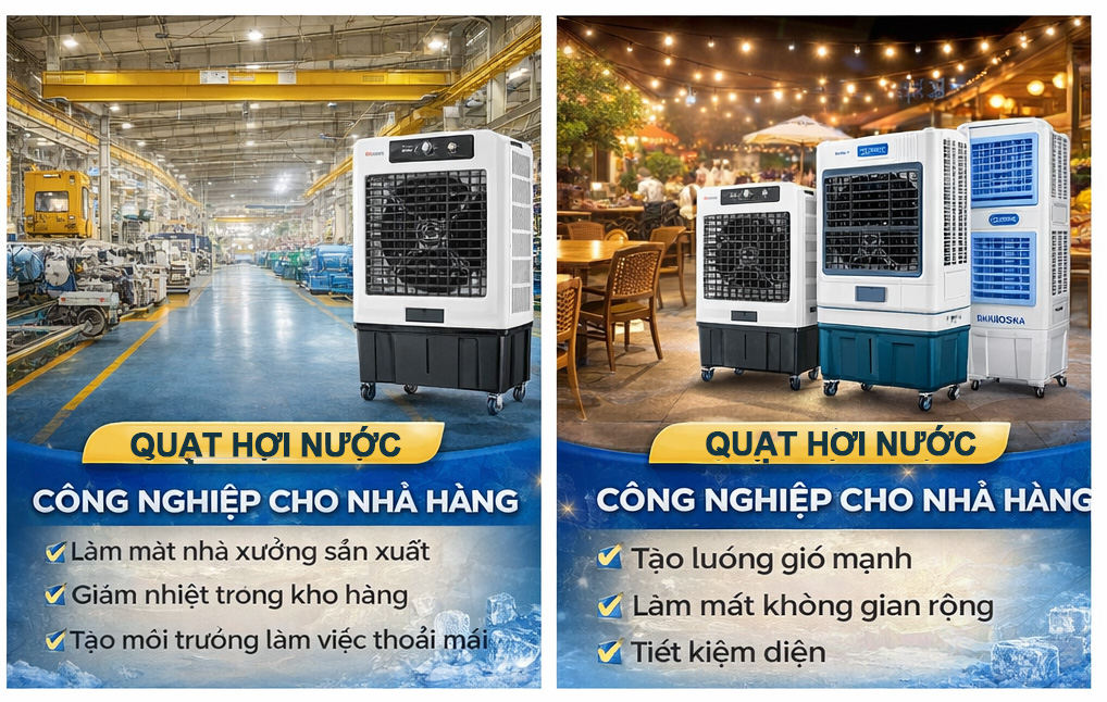 Quạt hơi nước cho nhà hàng quán ăn, phòng chờ bệnh viện khách sạn, hội trường, phòng hội họp