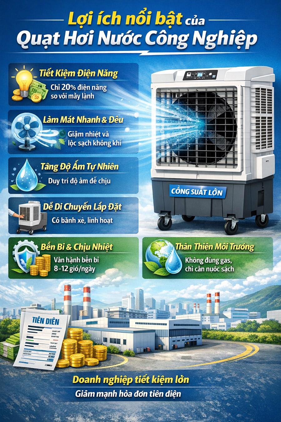 Lợi ích nổi bật của quạt điều hòa hơi nước công nghiệp