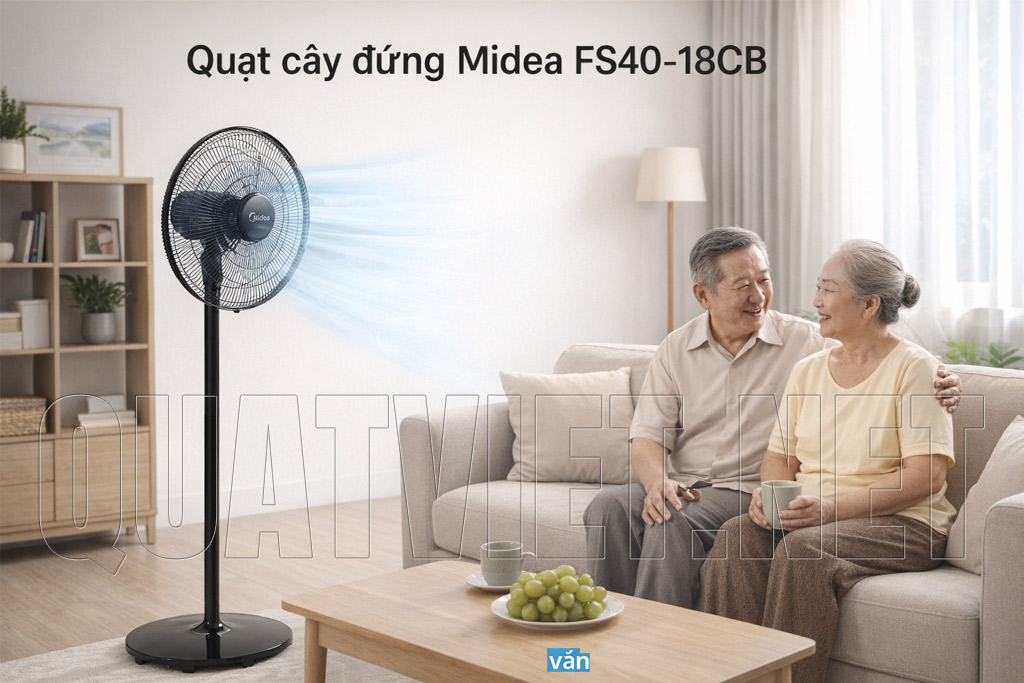Quạt cây đứng Midea FS40-18CB làm mát phòng khách gia đình