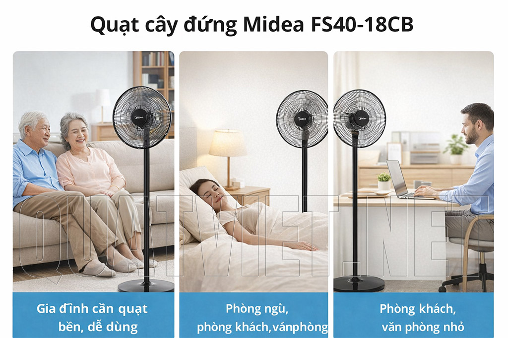 Quạt cây đứng Midea FS40-18CB làm mát phòng ngủ, văn phòng