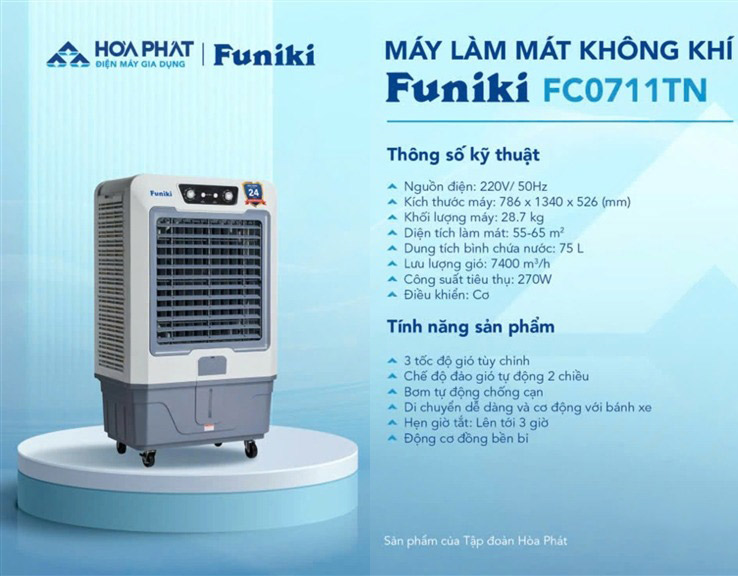 Máy làm mát không khí Funiki FC0711TN với thông số 75 Lít – Công Suất 270W, Lưu Lượng 7400 m³/h, Làm Mát 55–65m²
