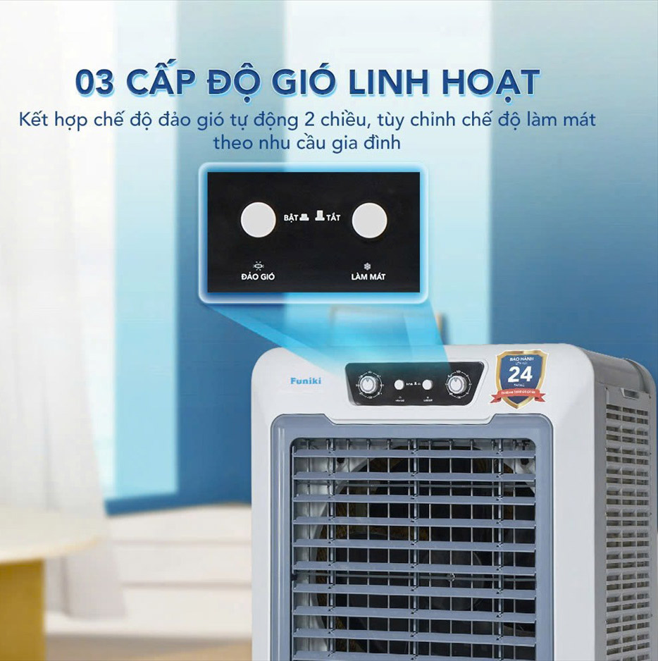 Quạt hơi nước Funiki FC0711TN có 3 cấp độ làm mát linh hoạt điều khiển bởi phím cơ dễ dàng và bền bỉ