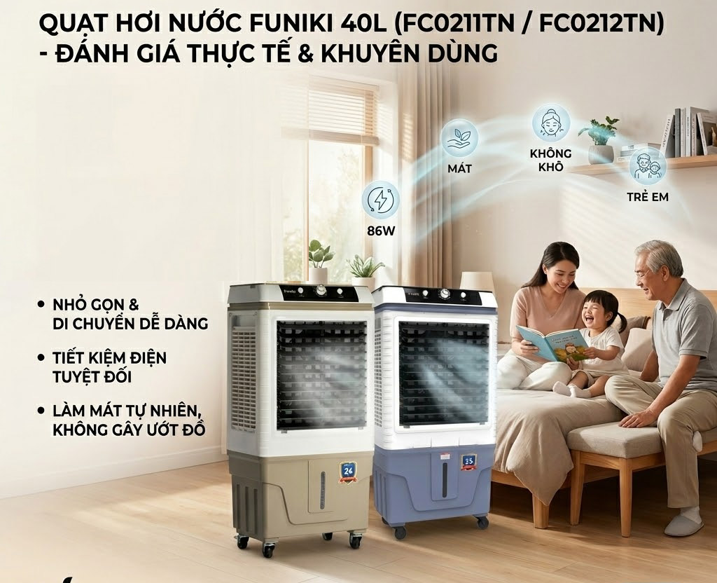 Quạt hơi nước Funiki 40L 86W (FC0211TN & FC0212TN) – Review thực tế