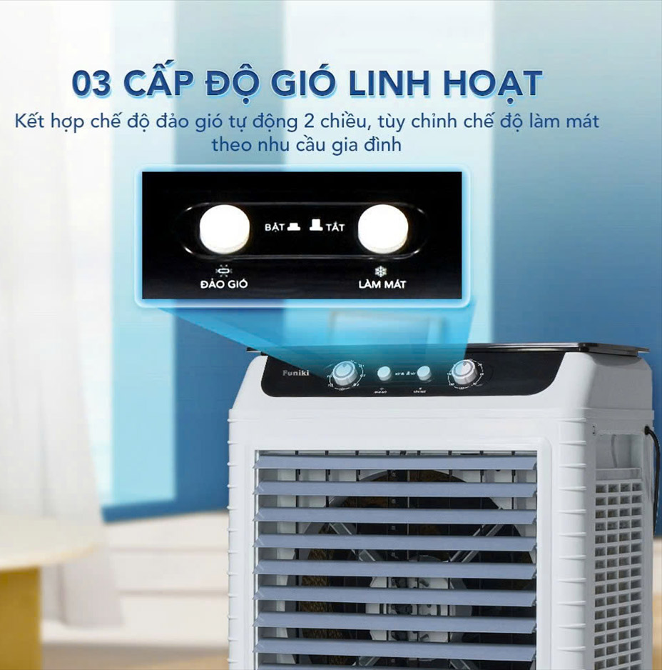 Quạt hơi nước Funiki FC0112TN có 3 cấp độ gió linh hoạt được điều khiển nút/núm cơ dễ dàng