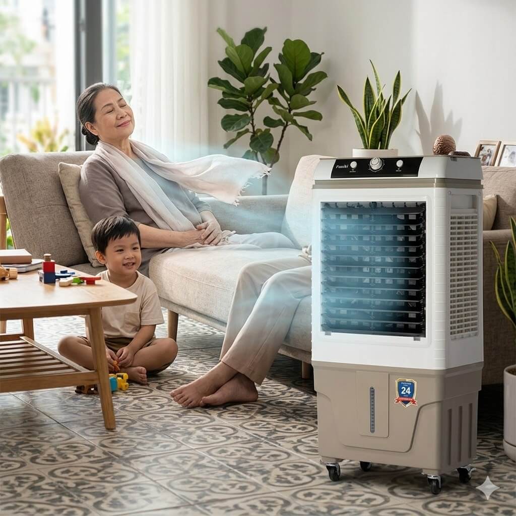 Tận hưởng làn gió mát từ quạt máy làm mát không khí Funiki FC0211TN mang lại