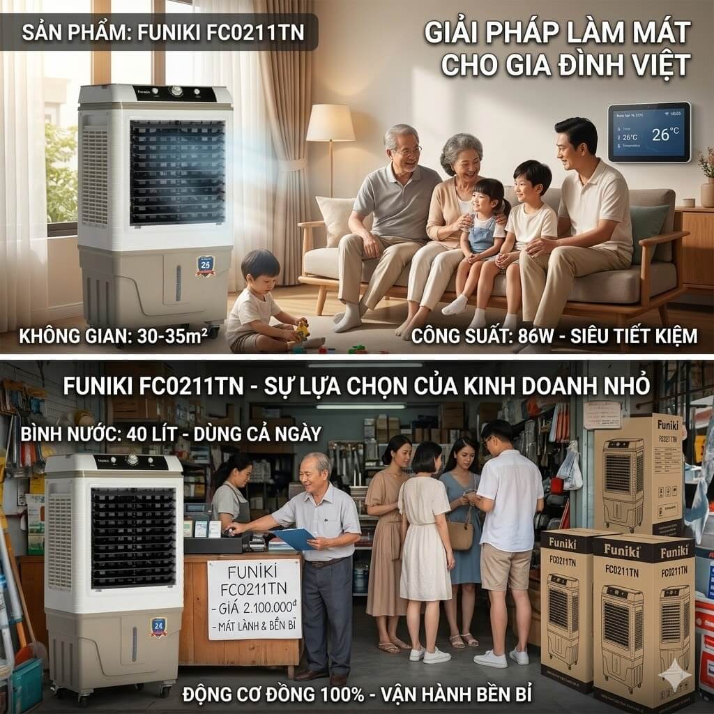 Quạt hơi nước( Quạt điều hòa ) Funiki FC0211TN làm mát không khí cho gia đình, cửa hàng