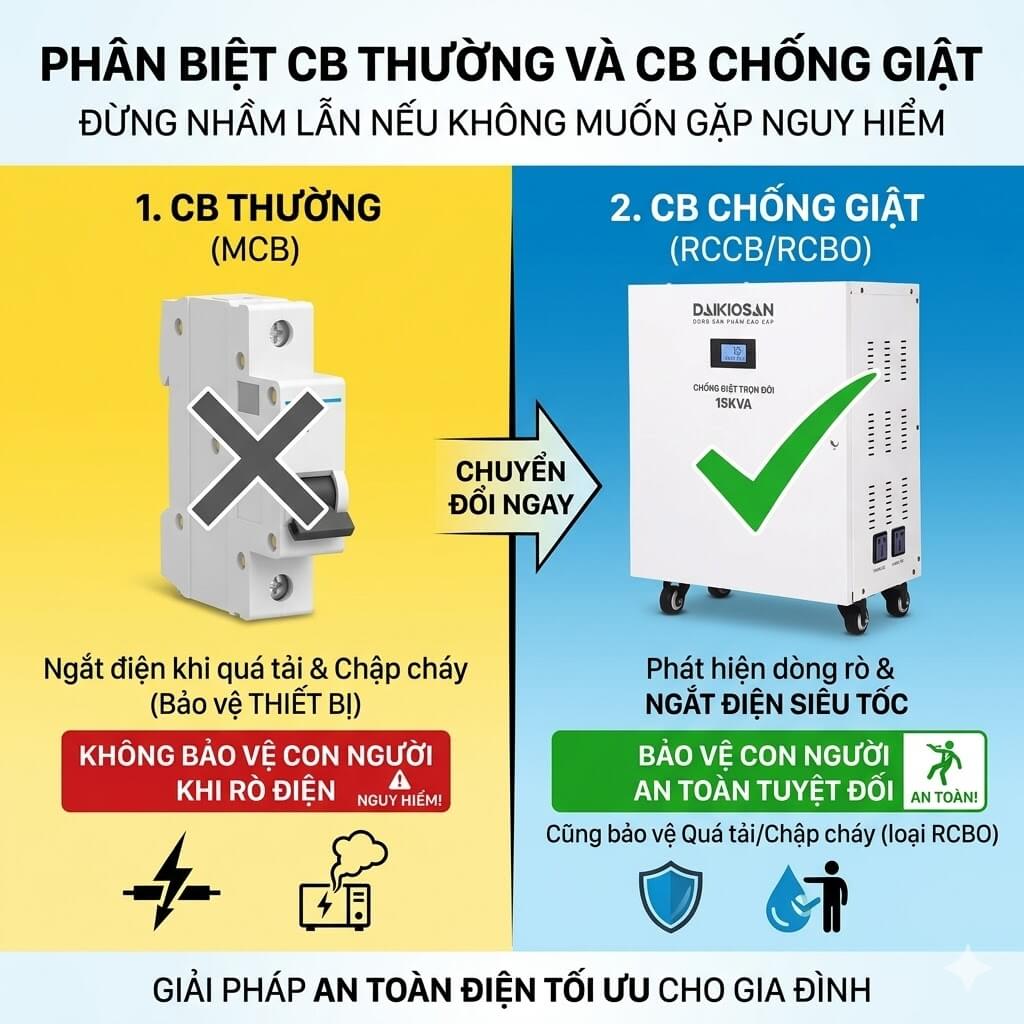 So sánh CB thường và Máy chống giật trọn đời Daikiosan 7.5KVA DE075 1Fa