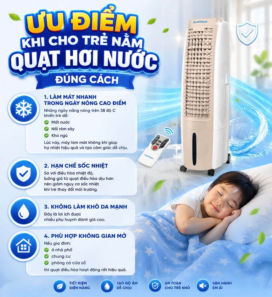 Ưu Điểm Khi Cho Trẻ Nằm Quạt Hơi Nước Đúng Cách Làm mát nhanh trong ngày nóng cao điểm