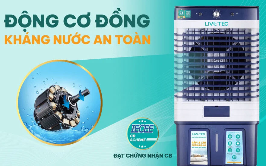 Động cơ đồng kháng nước trên quạt điều hòa Livotec LAC-G66P vận hành bền bỉ và an toàn