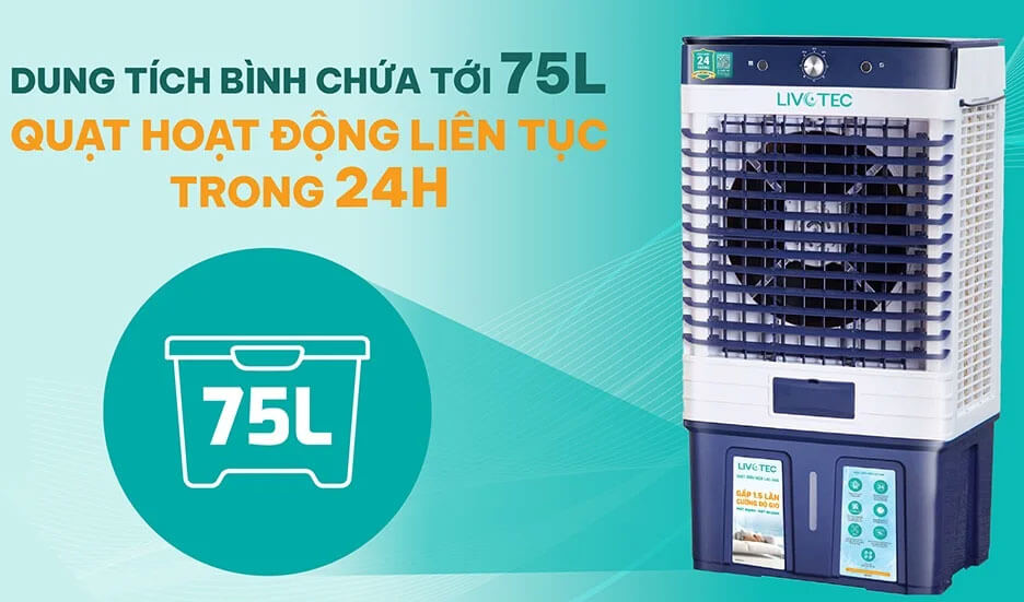 Bình chứa nước 75 lít giúp quạt điều hòa Livotec LAC-G66P hoạt động liên tục nhiều giờ