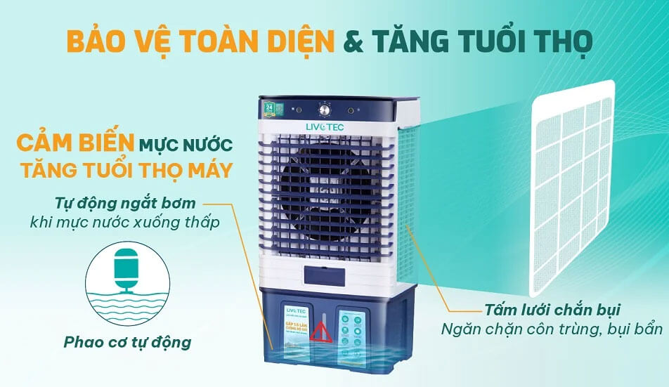Hệ thống chống cạn nước và lưới chắn bụi giúp bảo vệ quạt điều hòa Livotec LAC-G66P toàn diện