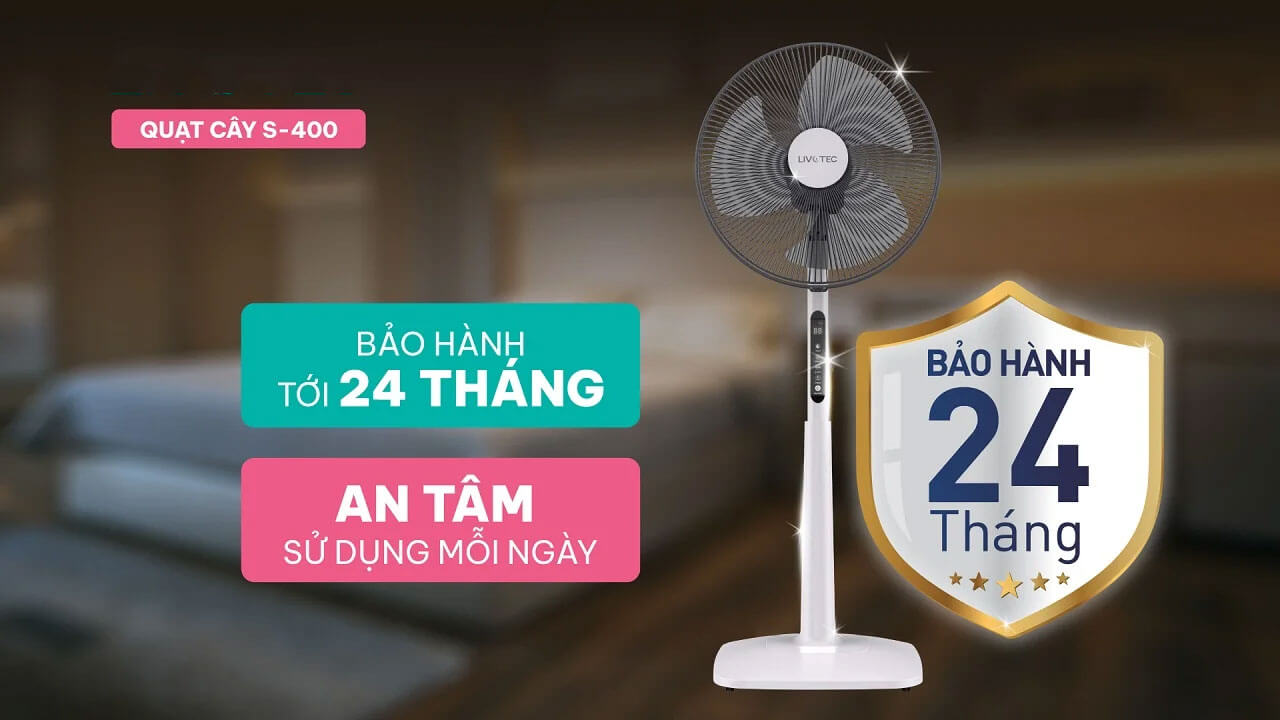 Quạt cây Livotec S-400 chính hãng sản xuất tại Việt Nam, bảo hành 24 tháng, lựa chọn đáng tin cậy cho gia đình.