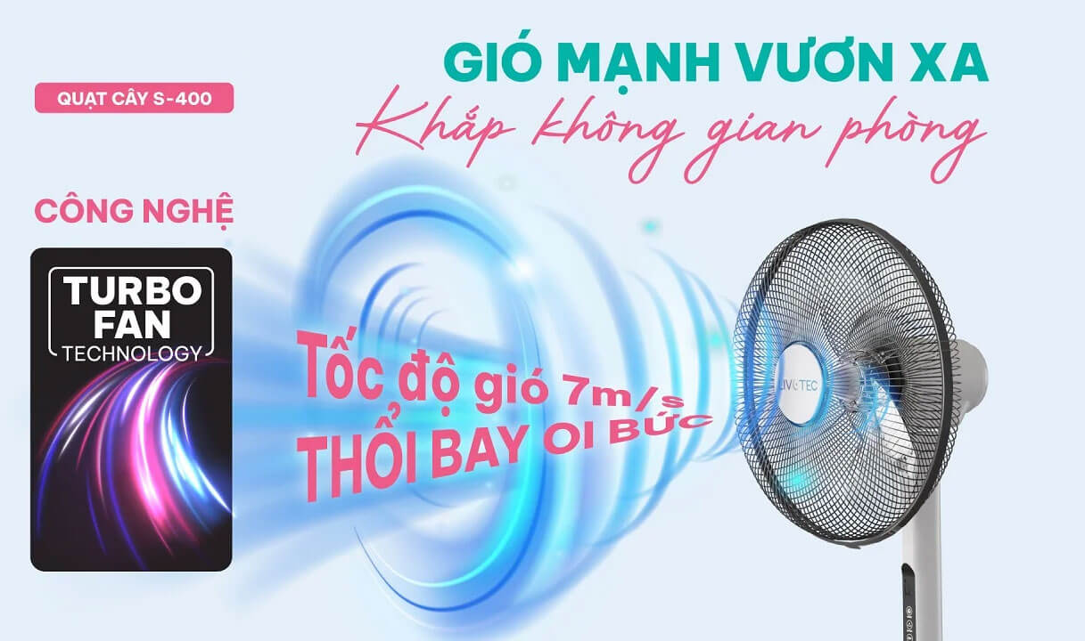 quạt cây Livotec S-400 với góc quay rộng 120 độ giúp luồng gió lan tỏa đều khắp không gian sử dụng.
