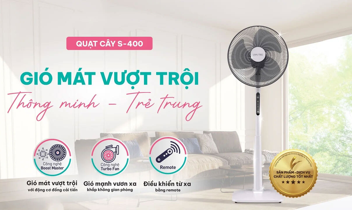 Quạt cây Livotec S-400 thiết kế hiện đại, công suất 50W phù hợp phòng khách, phòng ngủ và văn phòng gia đình.