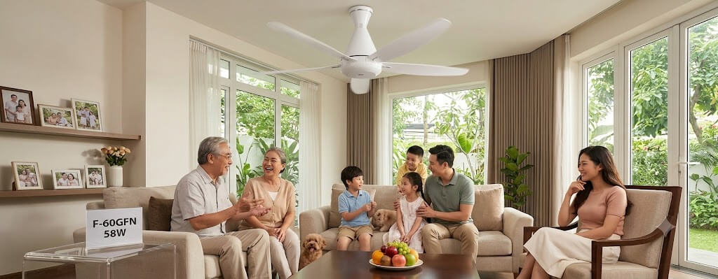 Quạt trần Panasonic F-60GFN 58W thiết kế 5 cánh hiện đại kết hợp đèn LED sang trọng.